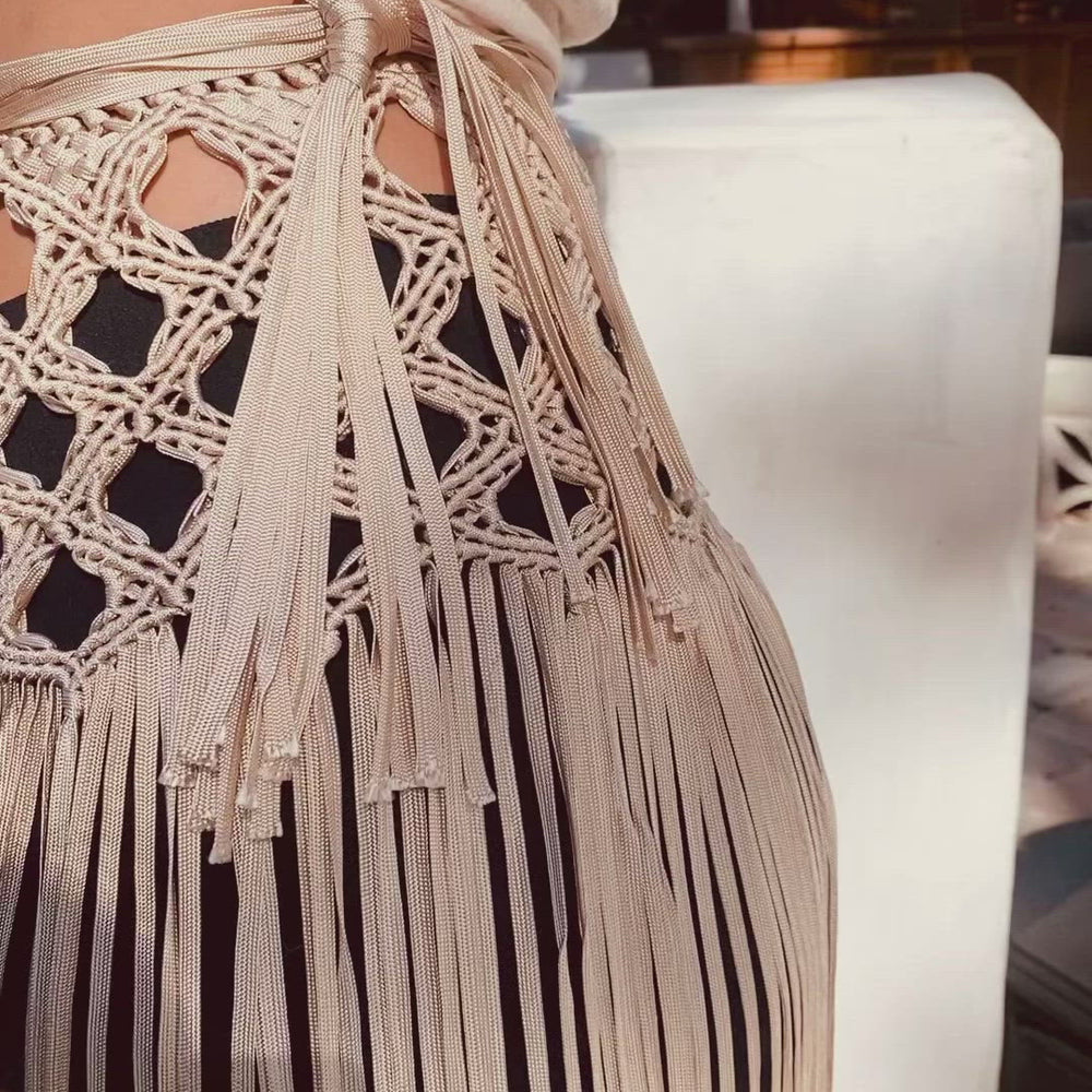 
                      
                        Load and play video in Gallery viewer, Marina Skirt or Belt Beach Cover Up with tassels. Weaving width: 6&amp;quot; in Fringe length: 26&amp;quot; in approx. Tie Closure
                      
                    