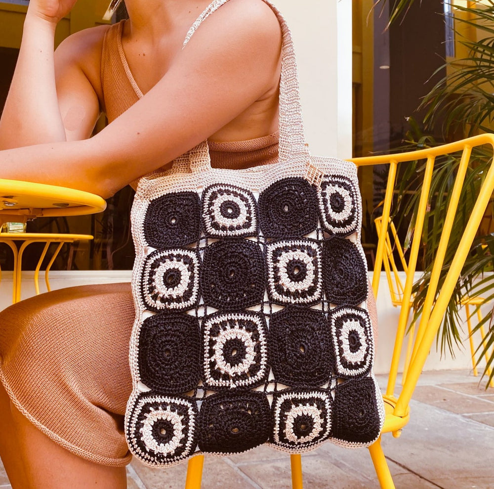 Black Beige Crochet Tote Bag