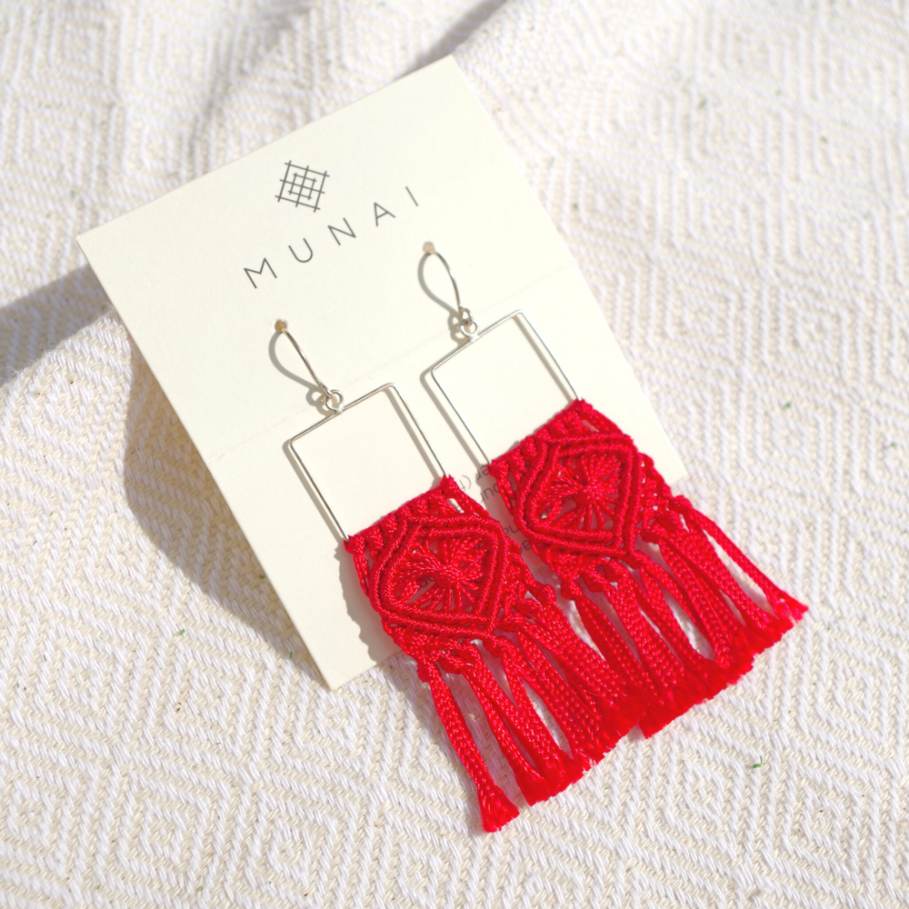 
                      
                        Macrame flower pattern earrings. Gold plated hook earrings won’t cause any allergies nor rust with time. Handmade colorful macrame long earrings
                      
                    